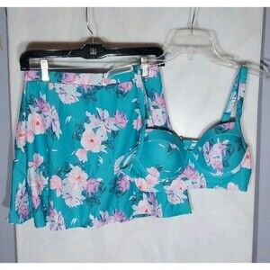 Women’s Skirted Bikini Set Small Floral Teal Padded Top Adjustable Straps Swim